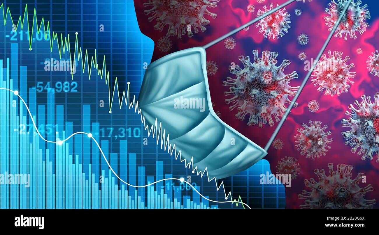 Economy and disease as an economic pandemic fear and coronavirus fears or virus Outbreak and Stock market selling as a sick financial health. Stock Photo