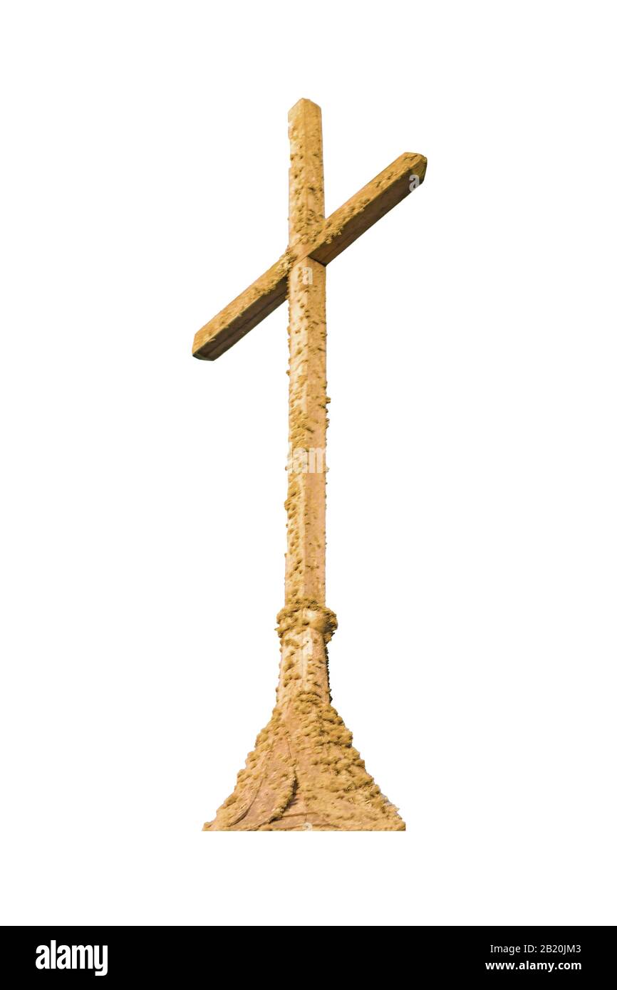 Old damaged christian cross over white background isolated photo Stock Photo