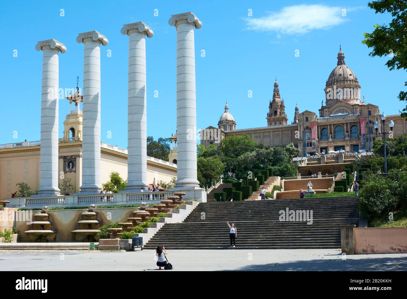 BARCELONA, SPAIN - MAY 13, 2017: View of the famous Four Columns and the Palau Nacional building, which houses the National Museum, in Barcelona. Stock Photo