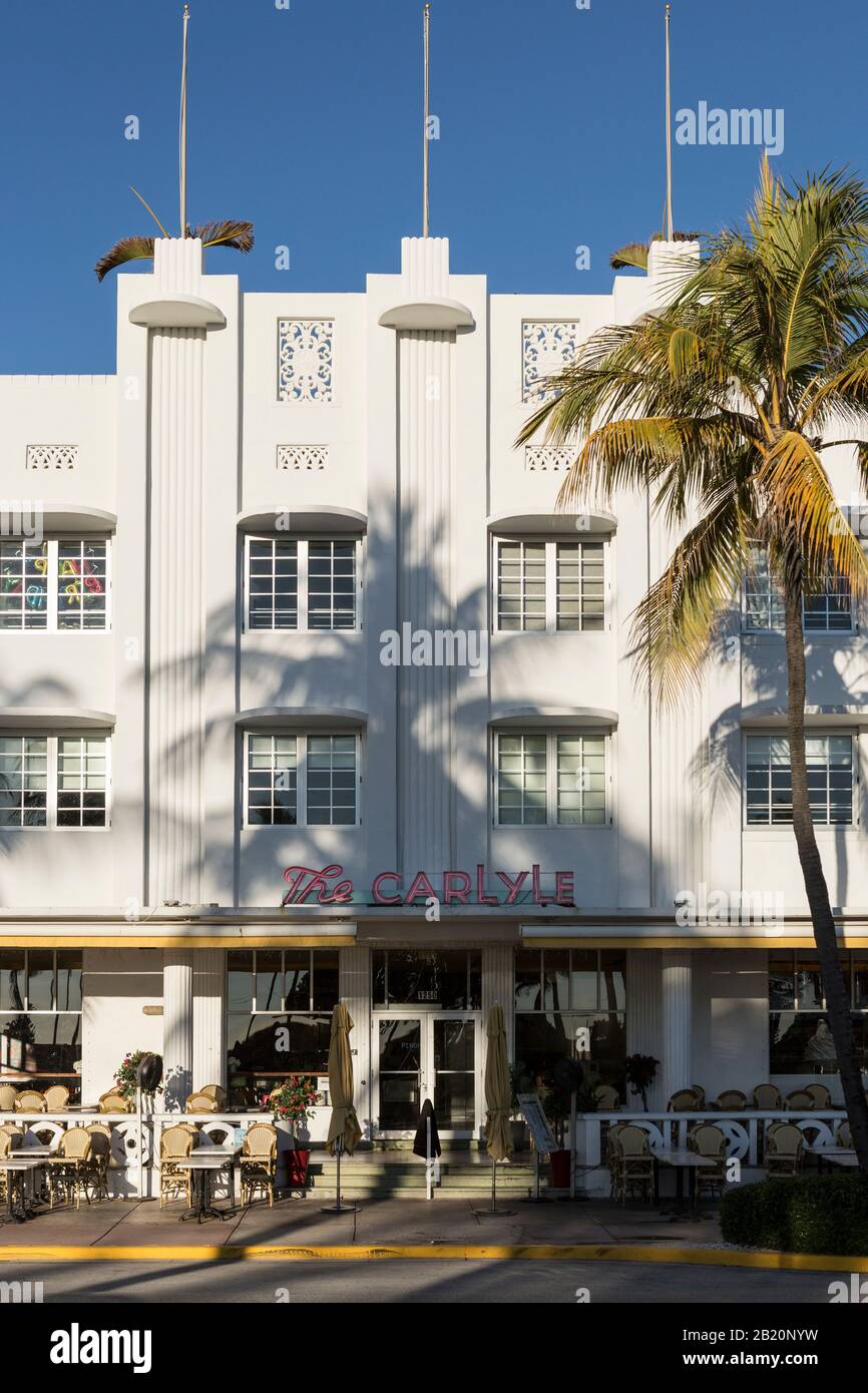 The facade of the Art Deco Carlyle condos on Ocean Drive in Miami Beach