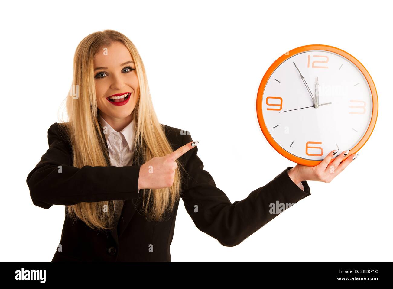Ladies Time Sign Beautiful business woman holds a clock as a sign for time management ...