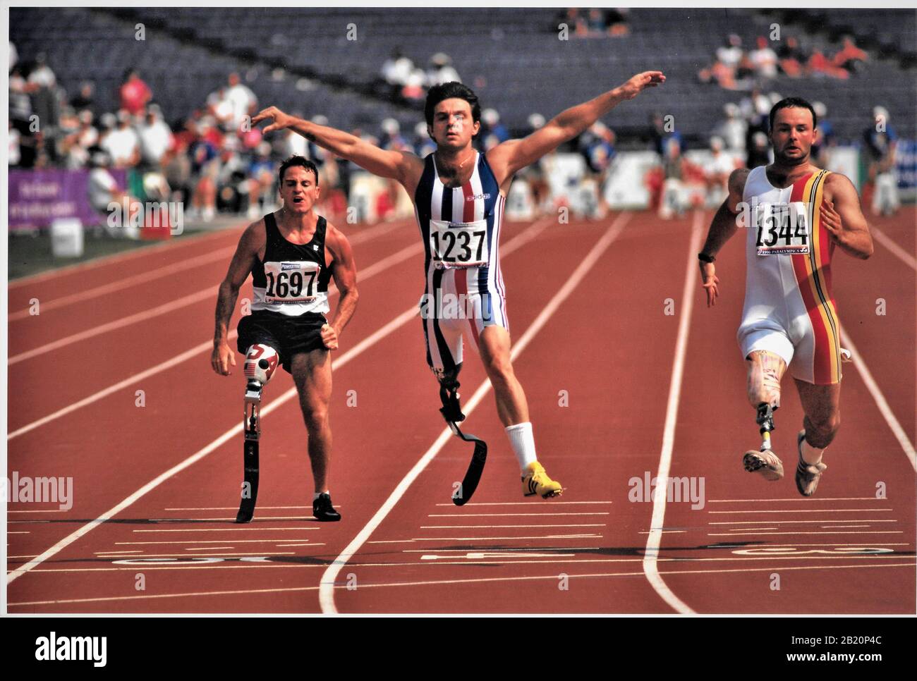 Winning the 100 meter dash with one spring leg at the 1996 Special Olympics in Atlanta Georgia USA Stock Photo
