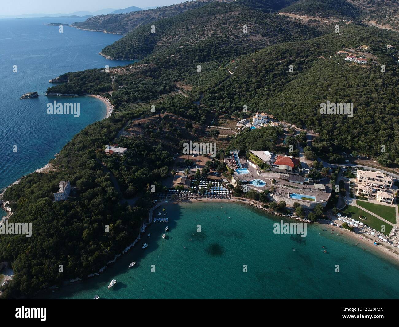 Sivota Greece Aerial View Beach zeri stavedo beach bar and waterslides