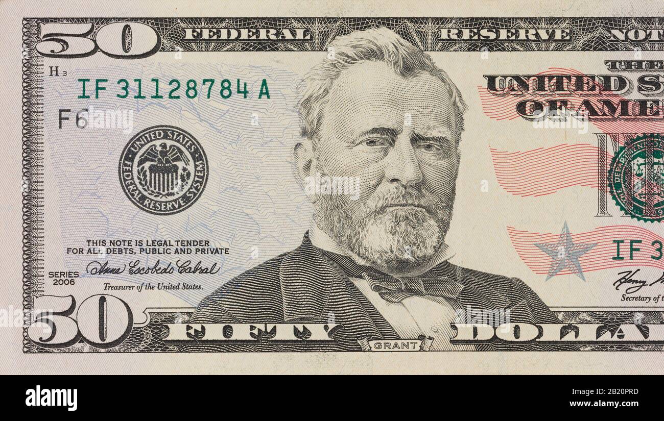 Portrait Of Former U S President Ulysses Grant Macro From 50 Dollars Bill Stock Photo Alamy