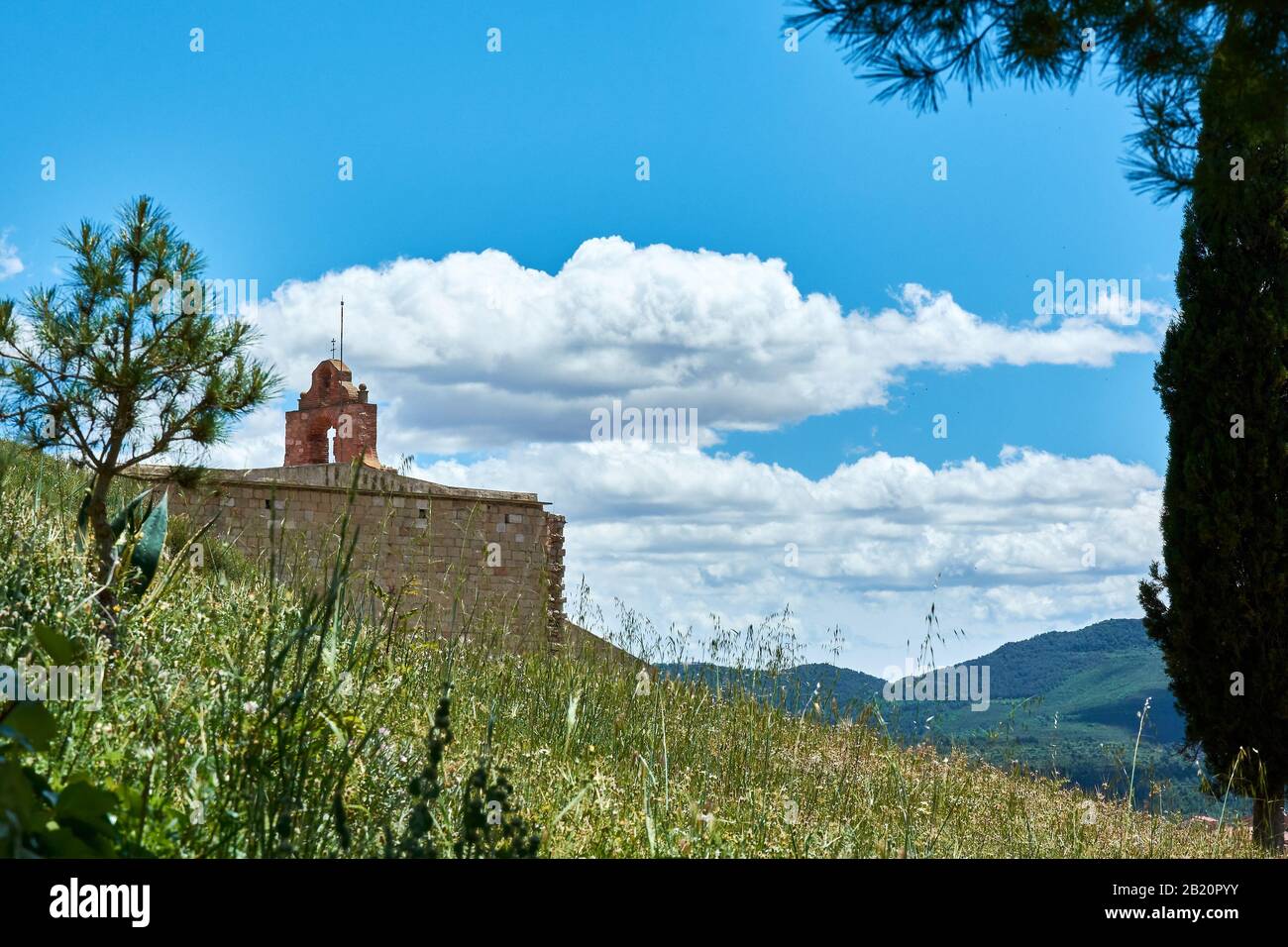 View of the top of the Church of Saint Mary in the medieval city of Montblanc, in the province of Tarragona, Spain. Stock Photo