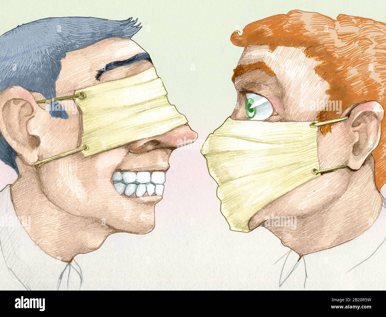 Two Faces In Profile One One With Mask Over The Mouth And Nose The Other With Mask Over The Eyes Wrong Prevention Concept Pencil Illustration Stock Photo Alamy