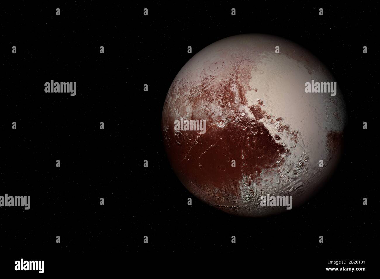 Pluto is an icy dwarf planet in the Kuiper belt beyond the orbit of Neptune. Stock Photo