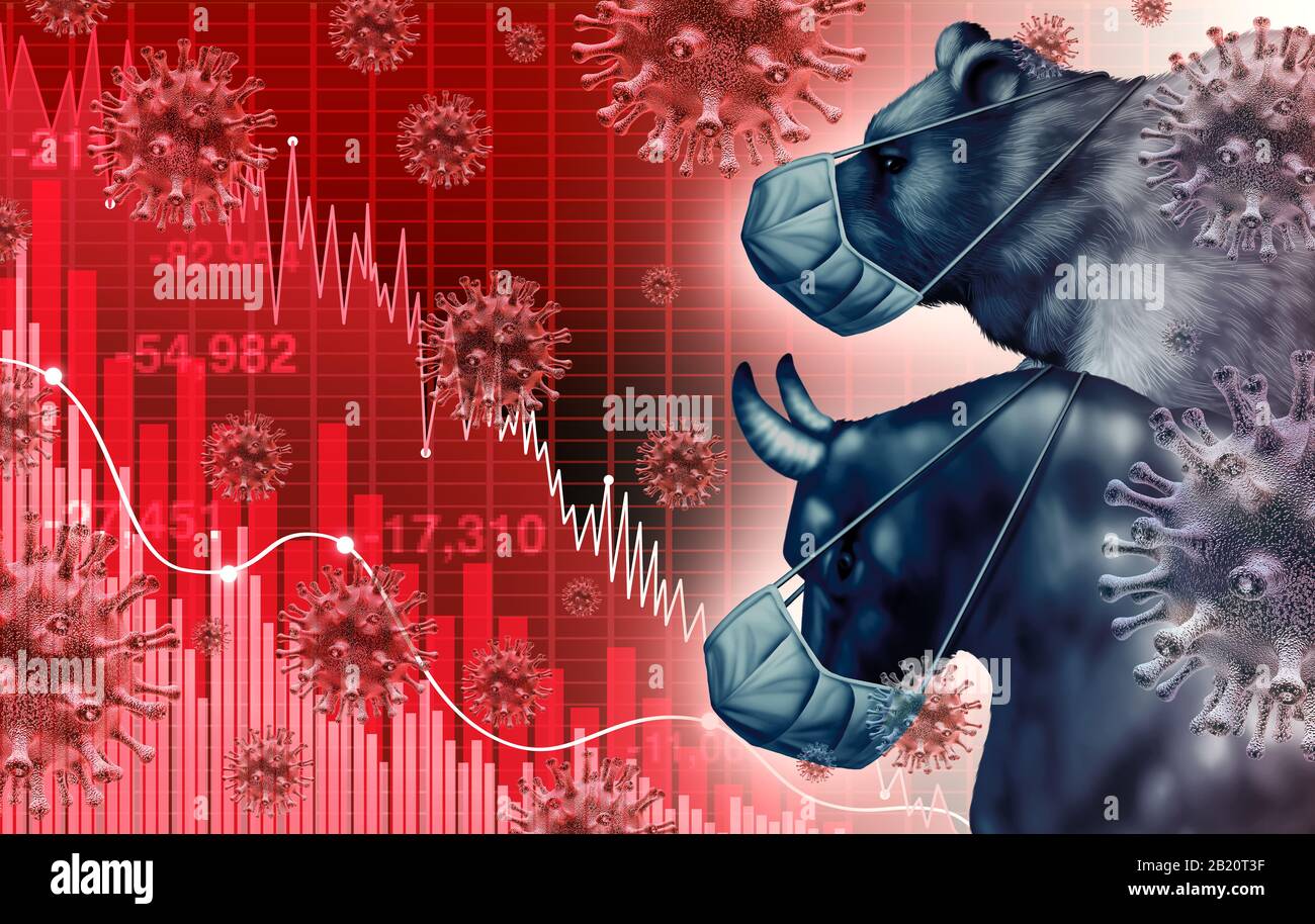 Global economy pandemic fear and economic coronavirus fear or virus outbreak and Stock market fears as a bull and bear crisis and sick financial. Stock Photo