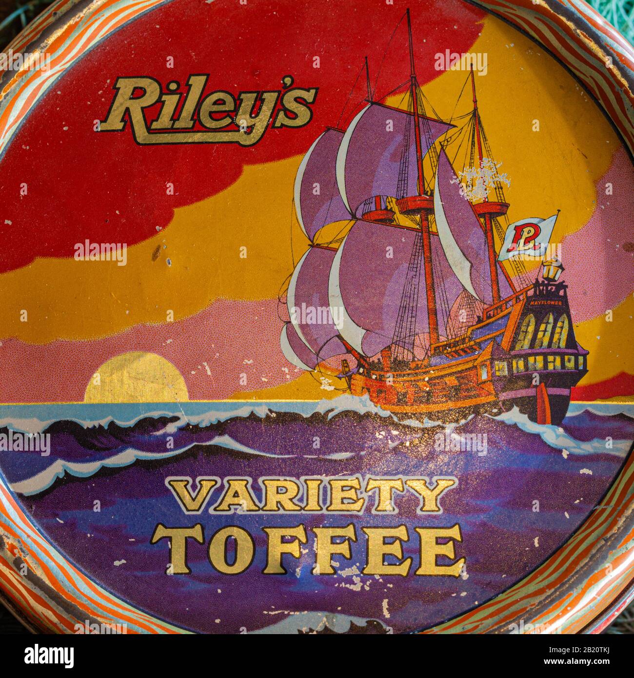 Partial view of an antique Riley's Toffee tin at the Britannia Ship ...