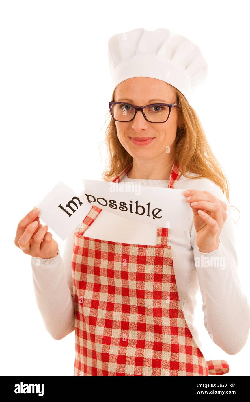 woman chef with text impossible teared apart gesturing that everything is possible Stock Photo