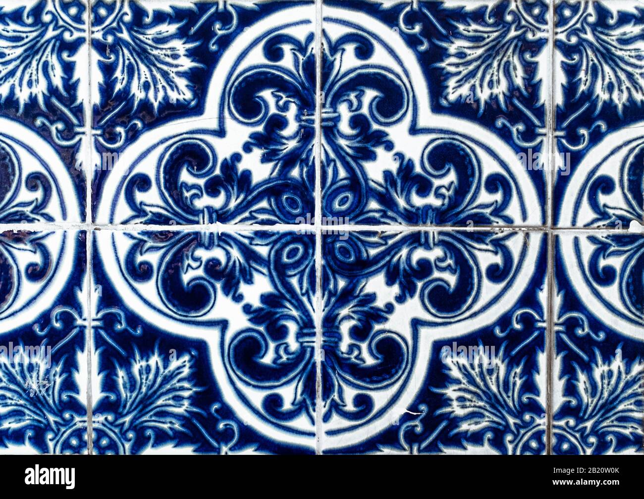 Portuguese traditional tiles Azulejos with blue floral pattern on a ...