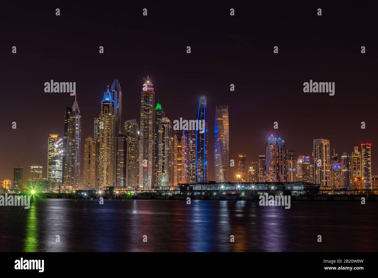 Amazing view of Dubai Marina at night from Palm Jumeirah in Dubai UAE Stock Photo