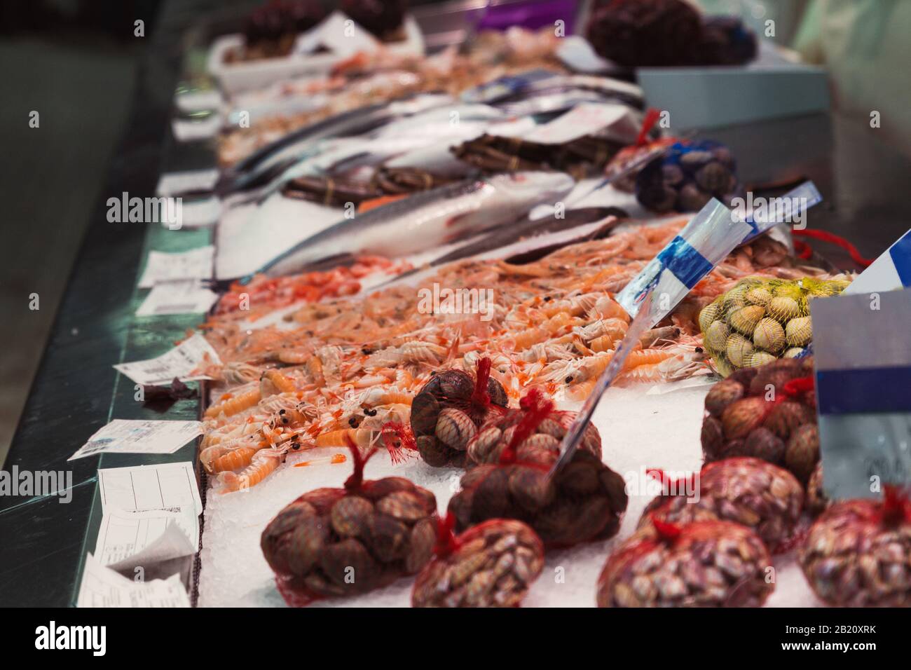 Stock photo of a market stall full of marine products such as fish or crustaceans Stock Photo
