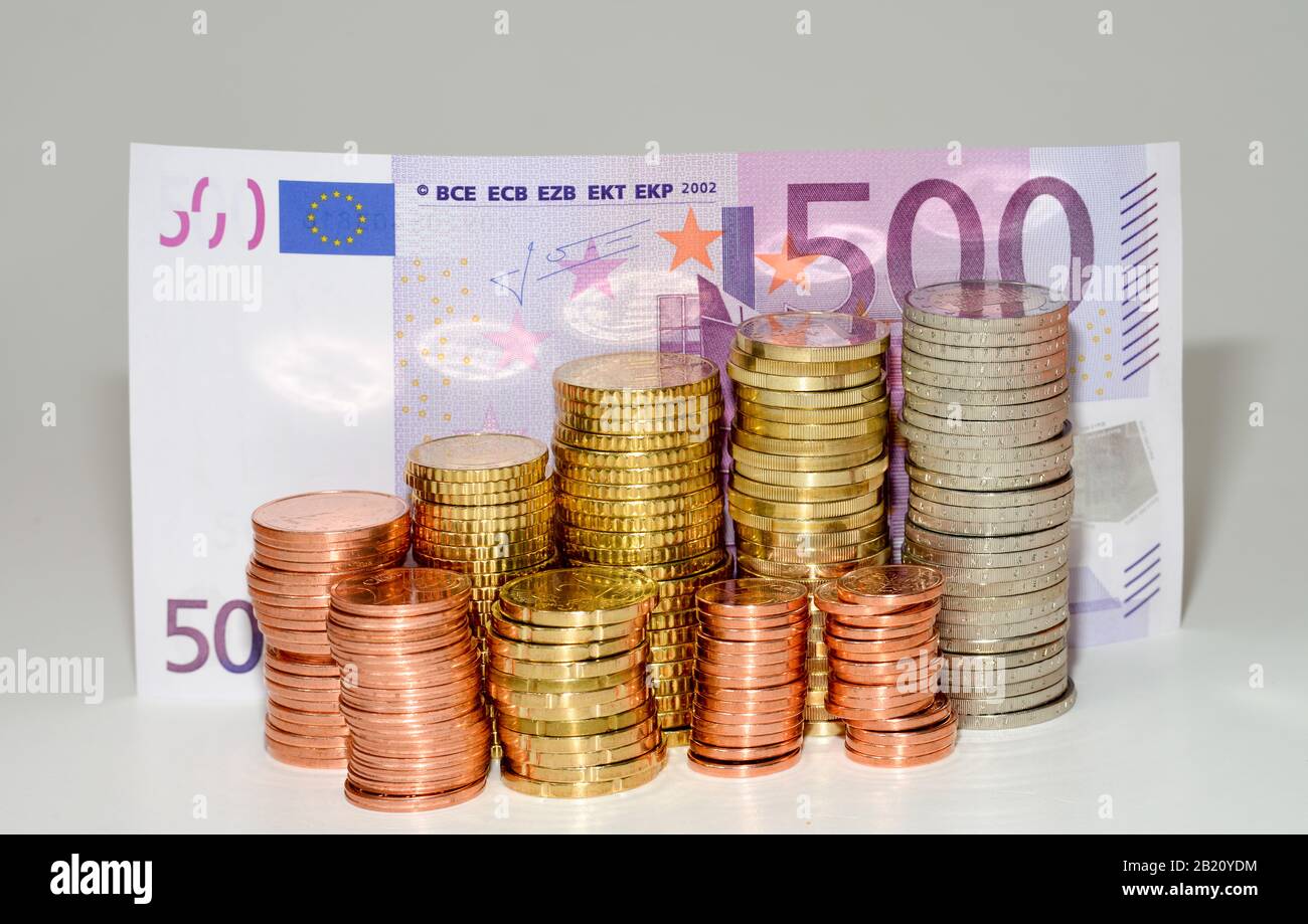 Centmuenzen, Euromuenzen, Euroschein Stock Photo