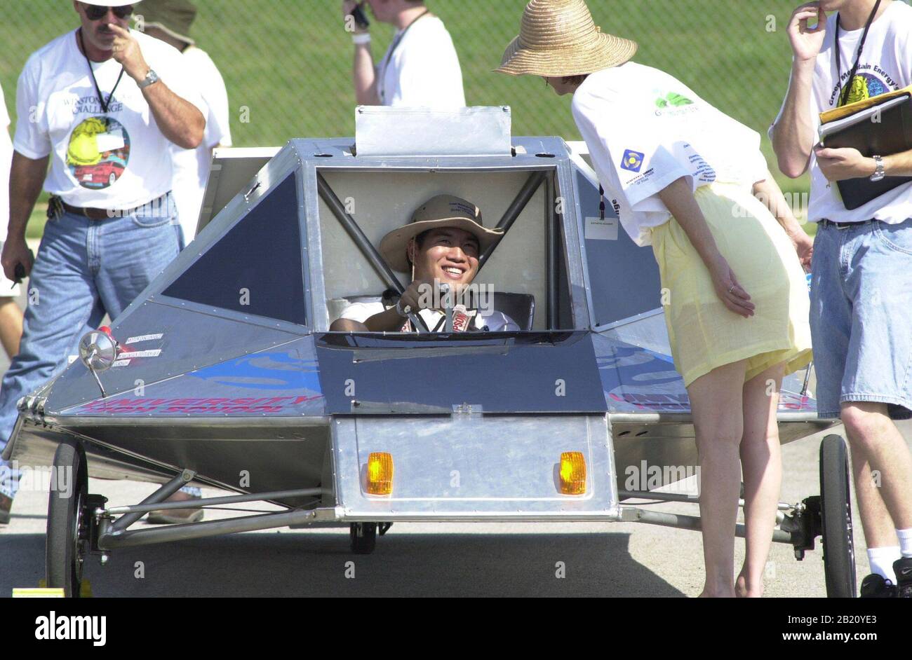 July 16, 2001, Round Rock, Texas: Solar car designed and built by high school students from Irvine, CA, prepares for the start the Winston Solar Challenge race at the Dell Computer headquarters north of Austin. The nine-day event ends in Columbus, Indiana and features teams from Texas, Mississippi, California, Indiana, South Carolina, Puerto Rico and Mexico. ©Bob Daemmrich Stock Photo