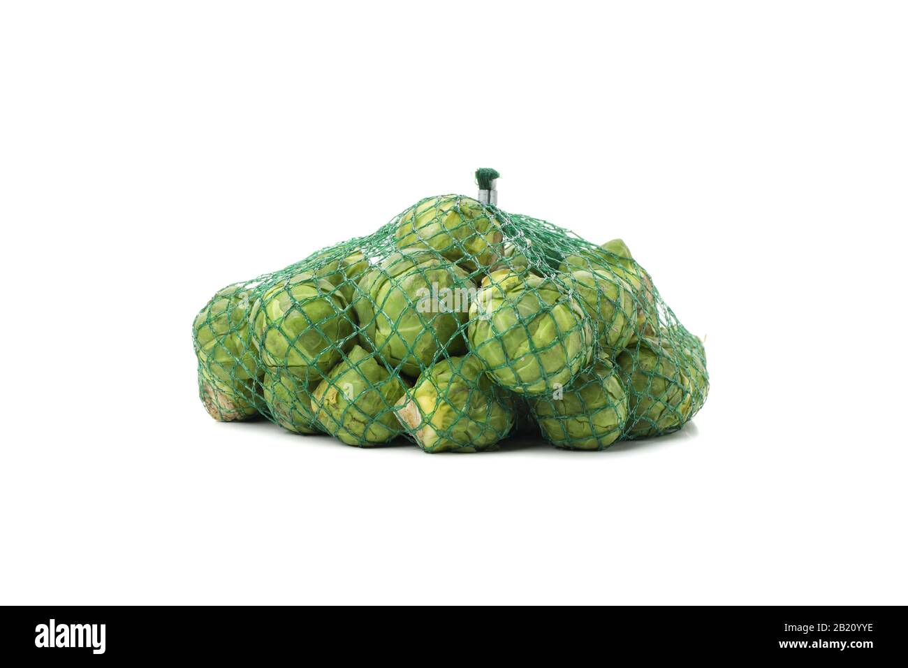 Mesh bag with brussels sprout isolated on white background Stock Photo