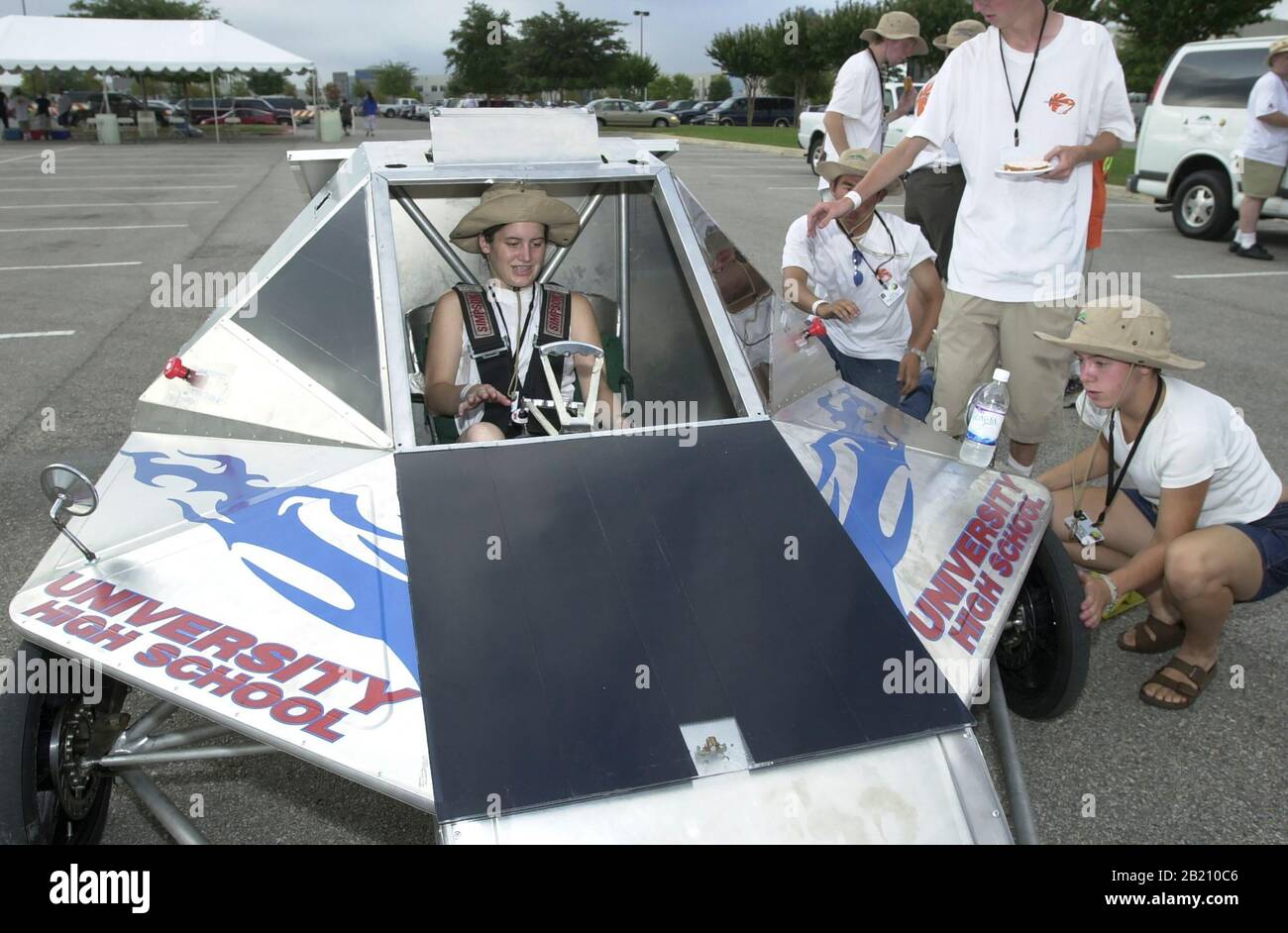 July 16, 2001, Round Rock, Texas: Solar car designed and built by high school students from Irvine, CA, prepares for the start the Winston Solar Challenge race at the Dell Computer headquarters north of Austin. The nine-day Winston Solar Challenge ends in Columbus, Indiana and features teams from Texas, Mississippi, California, Indiana, South Carolina, Puerto Rico and Mexico. ©Bob Daemmrich Stock Photo