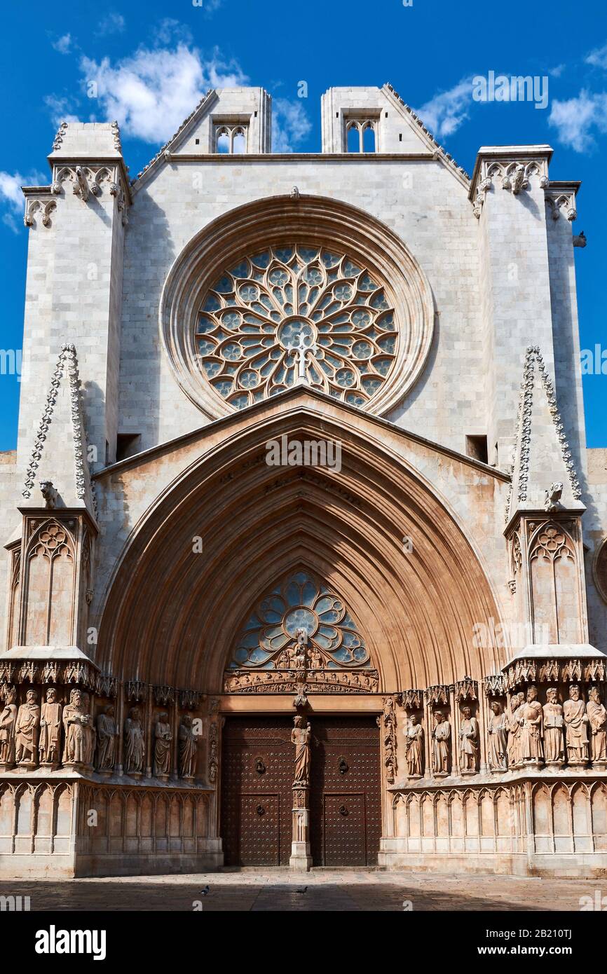 TARRAGONA, SPAIN MAY 12, 2017 View of the facade of the Metropolitan and Primacy Basilica