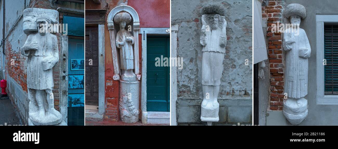 Marble statues of a merchant family from the 13/14 century, Campo dei Mori in the district of Cannaregio, Venice, Veneto, Italy Stock Photo