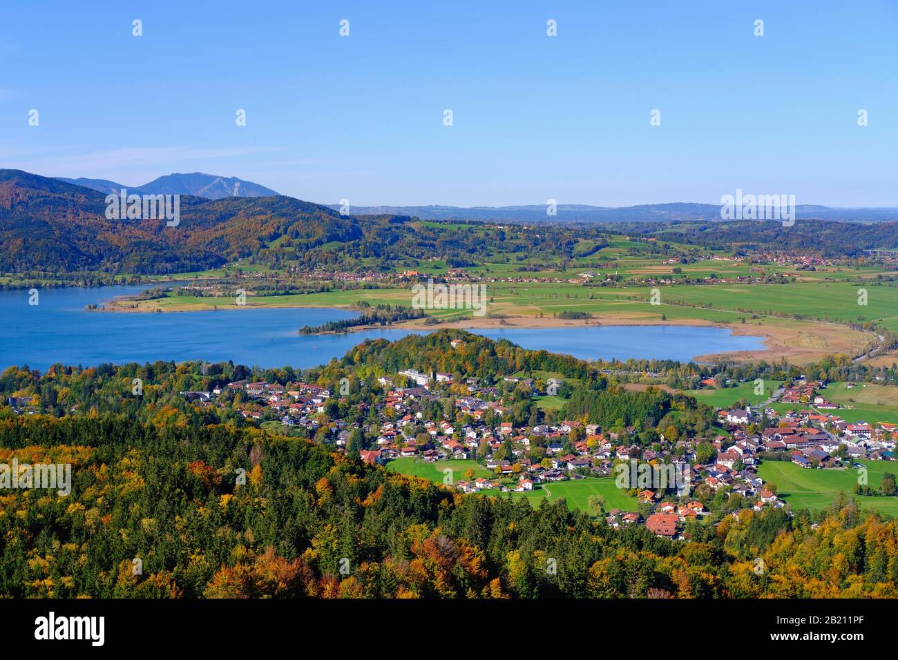 Lake Kochel and Kochel am See, View from Stutzenstein, The Blue Land, Upper Bavaria, Bavaria, Germany Stock Photo