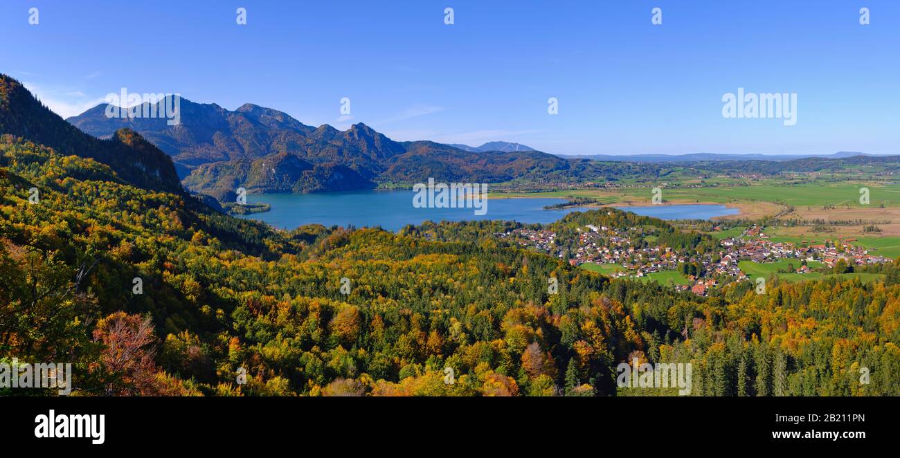 Lake Kochel with dukedom and home garden, Kochel am See, View from Stutzenstein, The Blue Land, Upper Bavaria, Bavaria, Germany Stock Photo
