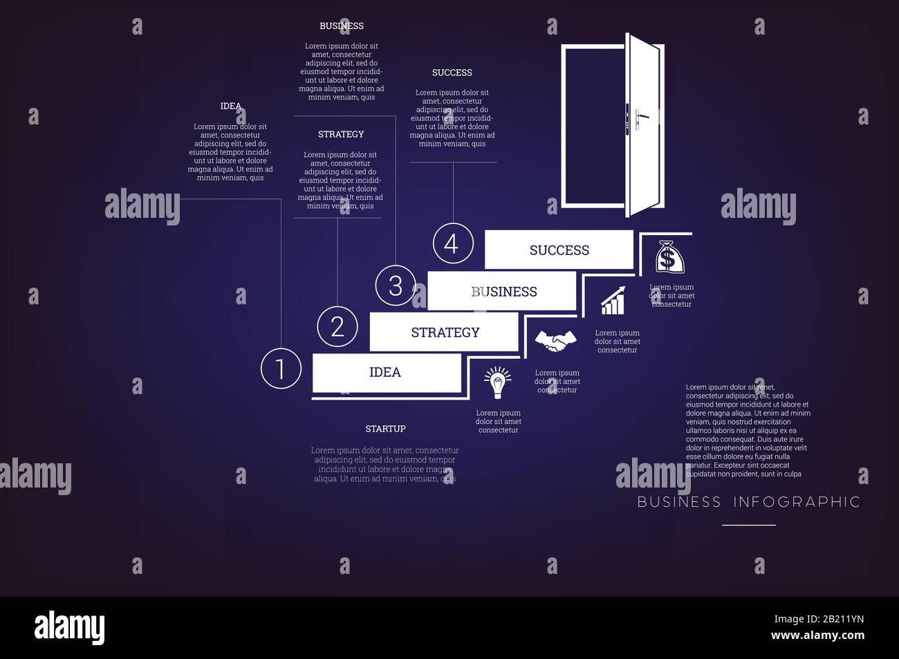 Steps up ladders and doorway. Concept illustration or background