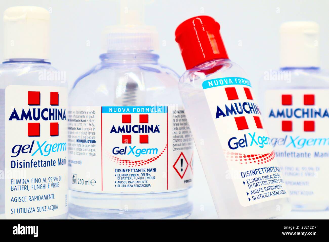 AMUCHINA Gel XGERM Hand Sanitizer to decrease infectious agent Virus, Fungi  and Bacteria. AMUCHINA is an Italian brand of ACRAF ANGELINI Pharma Stock  Photo - Alamy