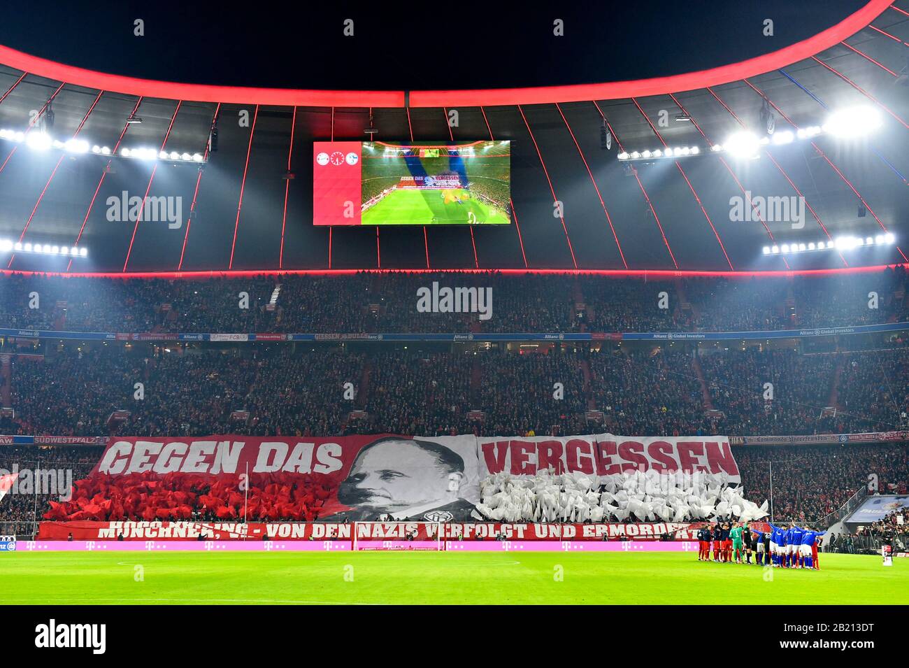 Fan choreography against forgetting in memory of the liberation of the Nazi concentration camp Auschwitz 75 years ago, Allianz Arena, Munich Stock Photo