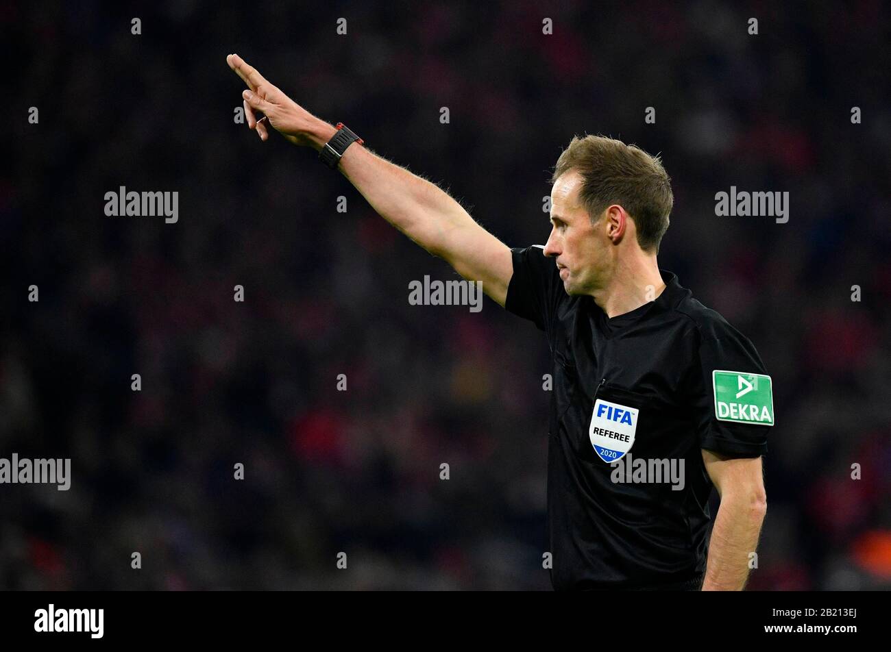 Referee Referee Sascha Stegemann, gesture, free kick, Allianz Arena, Munich, Bavaria, Germany Stock Photo