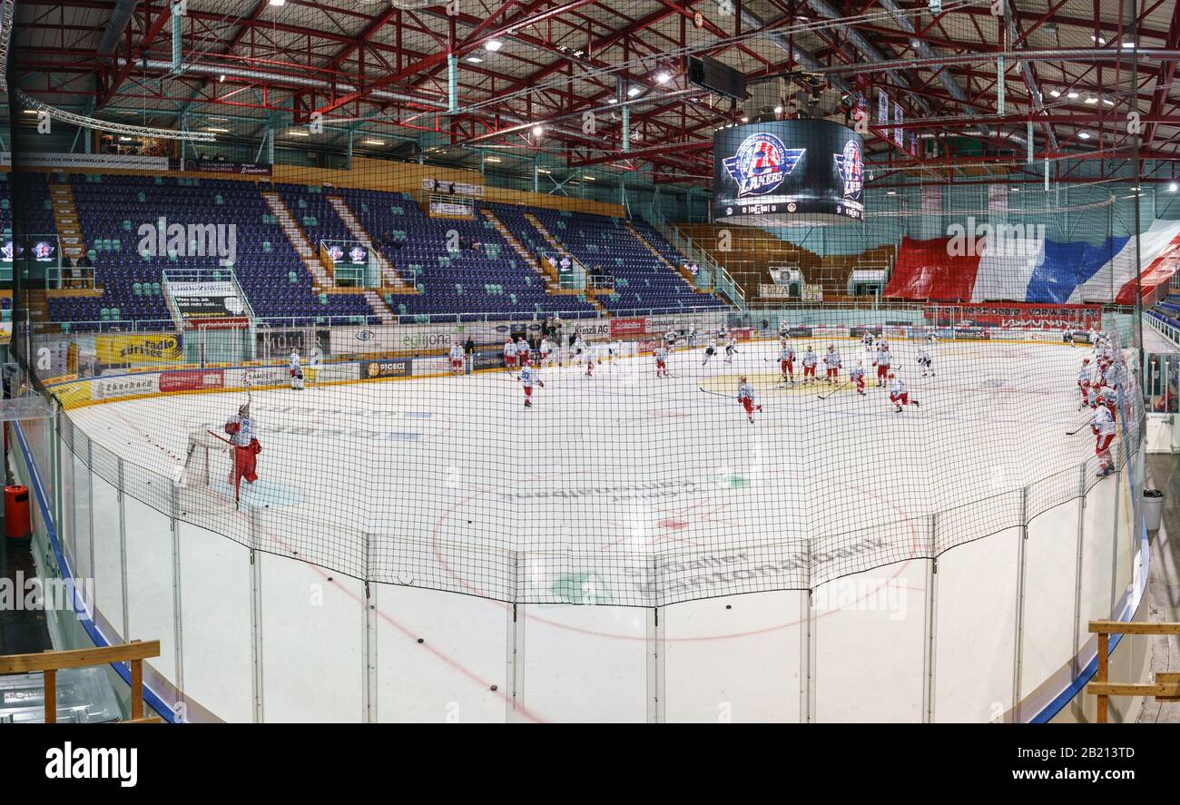 Rapperswil-Jona, St.Galler Kantonalbank Arena, ice hockey NL: SC, USA. 28th Feb, 2020. Rapperswil-Jona Lakers - HC Lugano, St. Galler Arena before the ghost game against Lugano. Credit: SPP Sport Press Photo. /Alamy Live News Stock Photo