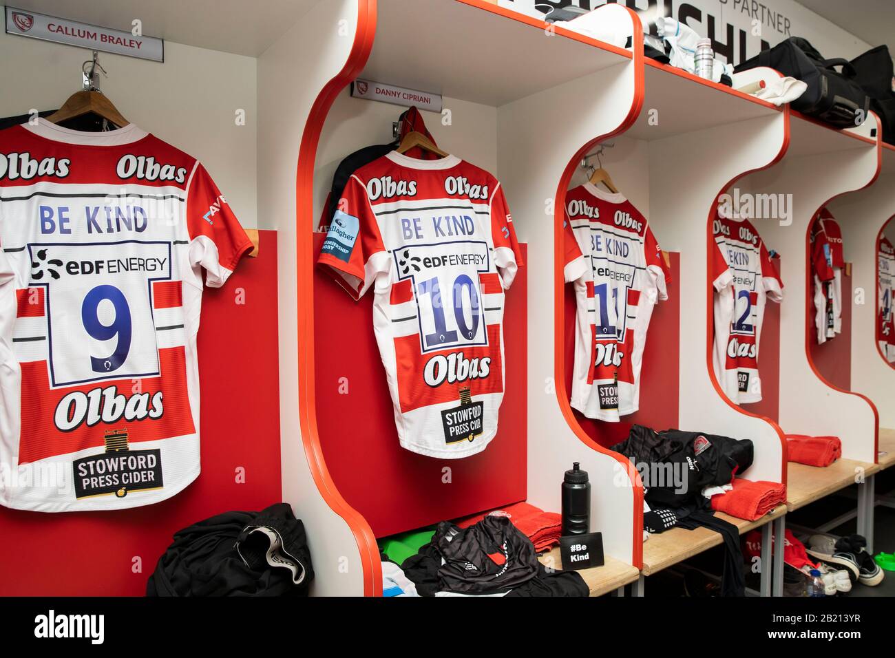 EDITORIAL USE ONLY Gloucester Rugby shirts showing the words