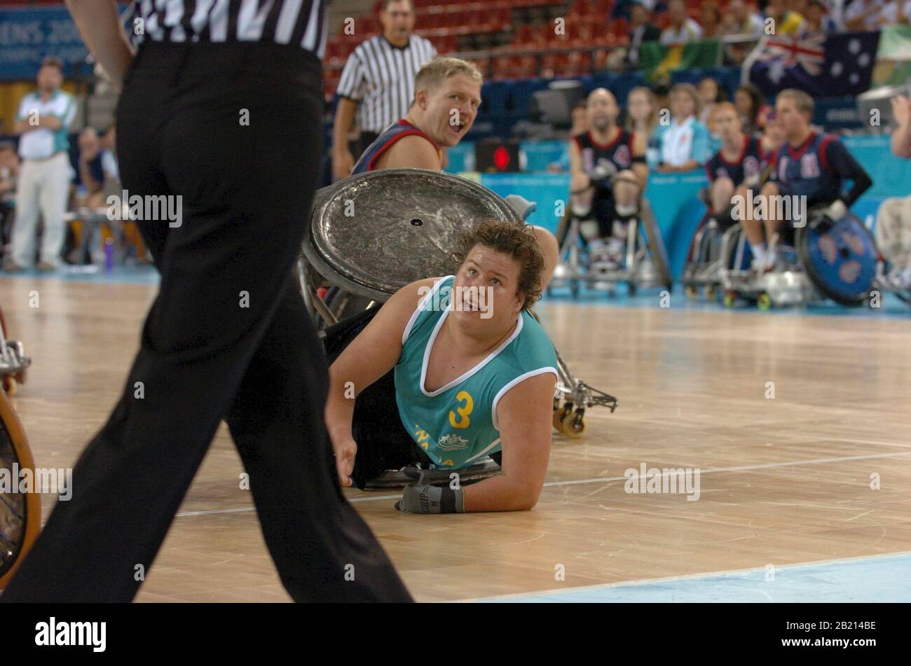 Athens, Greece  21SEP04: Ryley Batt of the Australian wheelchair rugby team pleads to the referee for a foul call in the closing minutes of its game against the United States on Tuesday. The U.S. team won to advance.  ©Bob Daemmrich Stock Photo