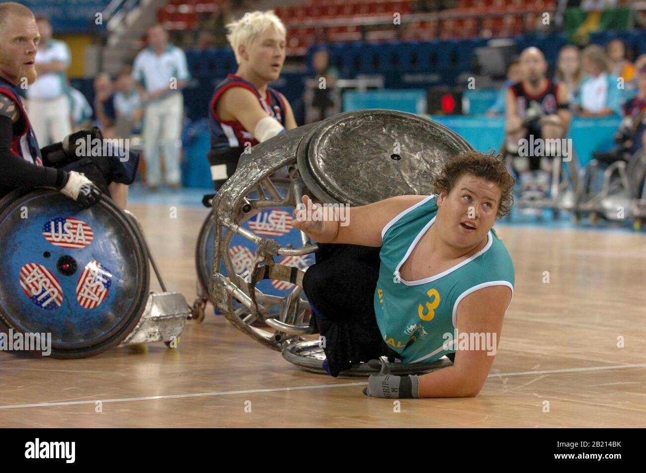 Athens, Greece  21SEP04: Ryley Batt of the Australian wheelchair rugby team pleads to the referee for a foul call in the closing minutes of its game against the United States on Tuesday. The U.S. team won to advance.  ©Bob Daemmrich Stock Photo