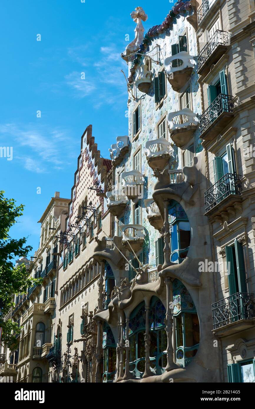 BARCELONA, SPAIN - MAY 13, 2017: Row of buildings of the 'Block of Discord' (Manzana de la Discordia) in Barcelona, with the Casa Amatller and Casa Ba Stock Photo