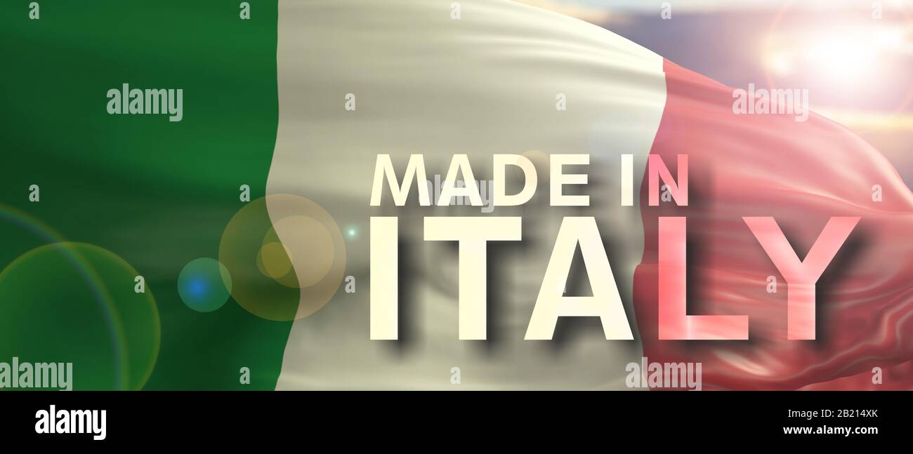 Made in Italy text on italian national flag texture background. Italian industry, products and quality concept. 3d illustration Stock Photo