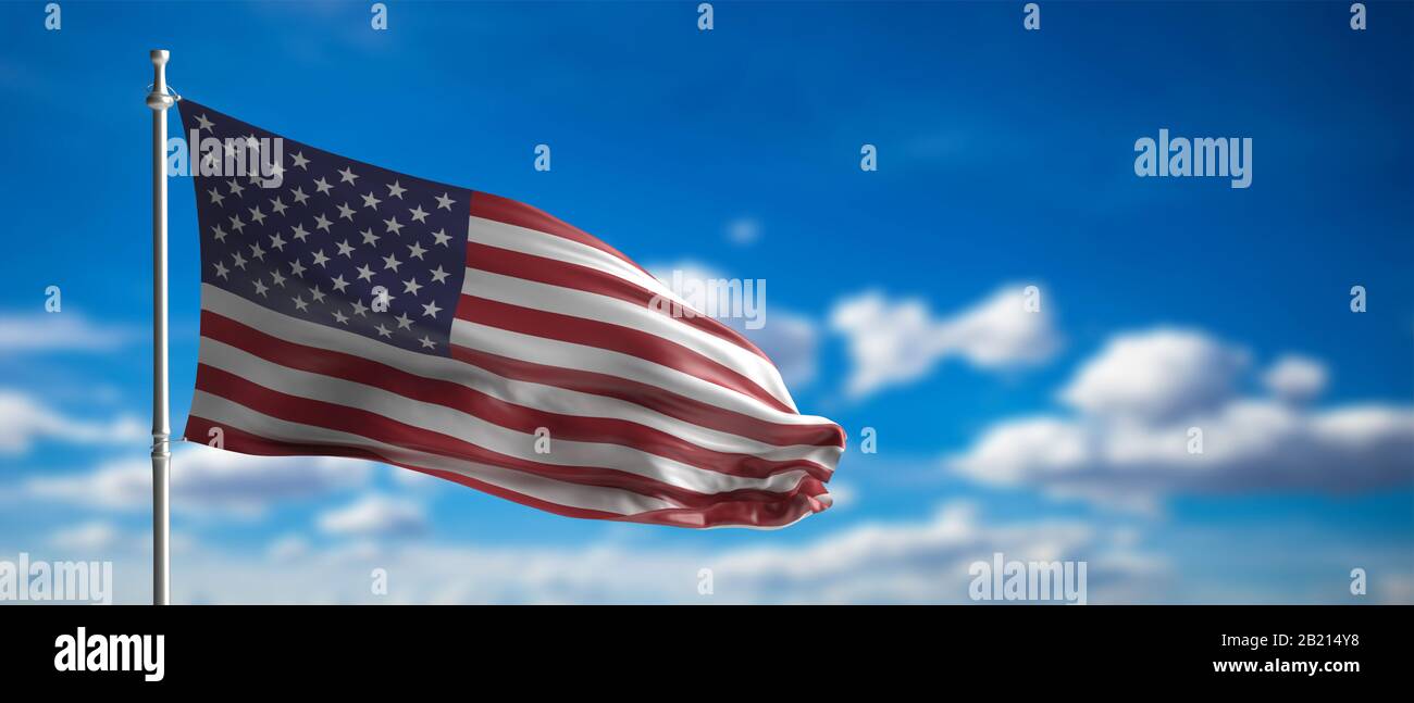US sign, symbol. United states of America flag waving on a pole, blue ...