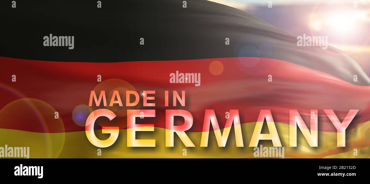 Made in Germany text on german national flag texture background. German industry, products and quality concept. 3d illustration Stock Photo
