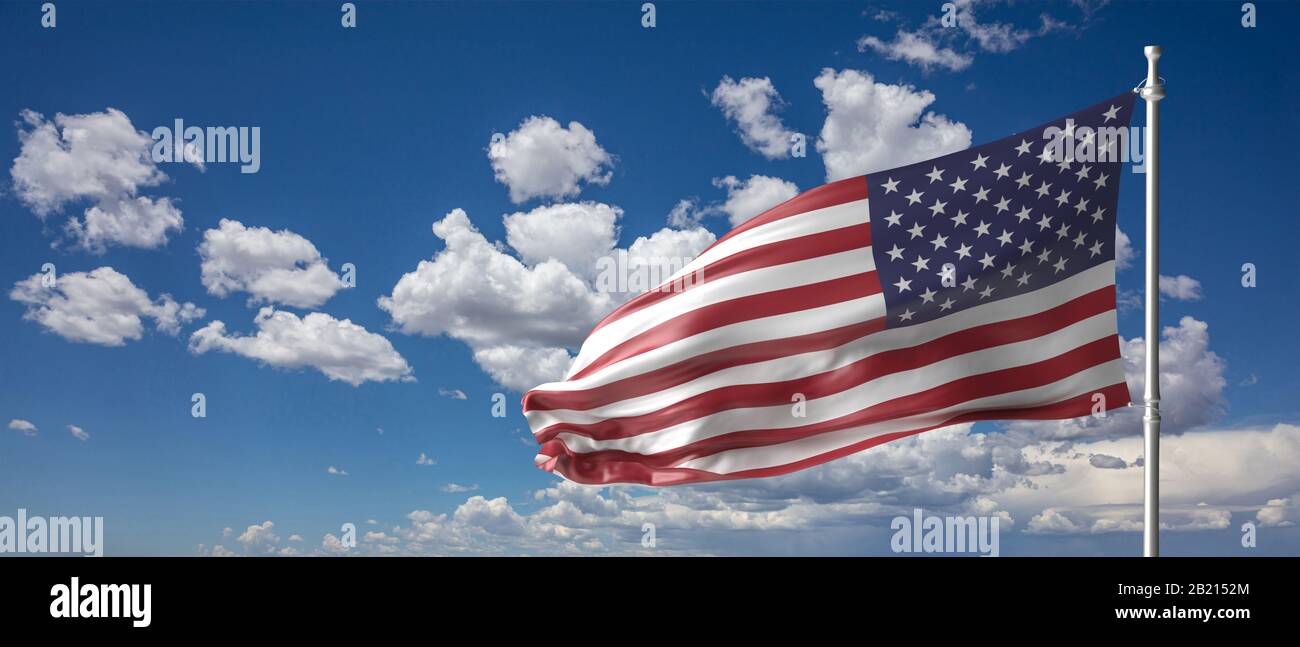 US sign, symbol. United states of America flag waving opposite on a ...