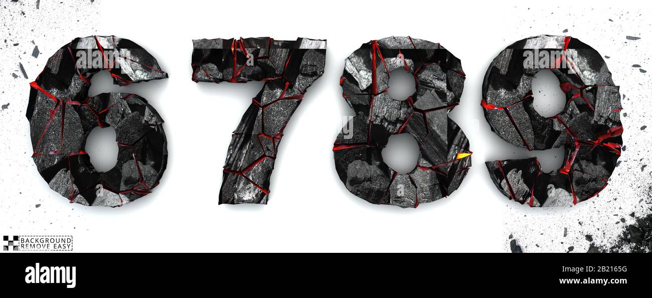 Coal numbers 6, 7, 8, 9, on white background, 3d rendering, isolated. Ember alphabet isolated, path save, font. Stock Photo