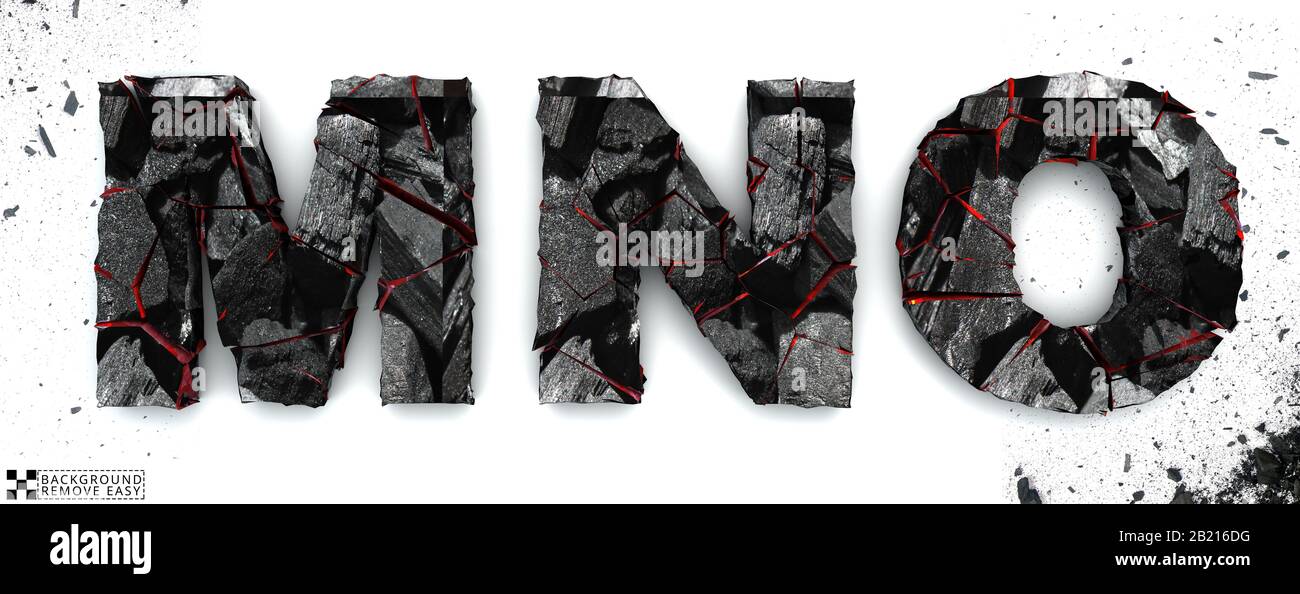 Coal letters M, N, O, on white background, 3d rendering, isolated. Ember alphabet isolated, path save, font. Stock Photo