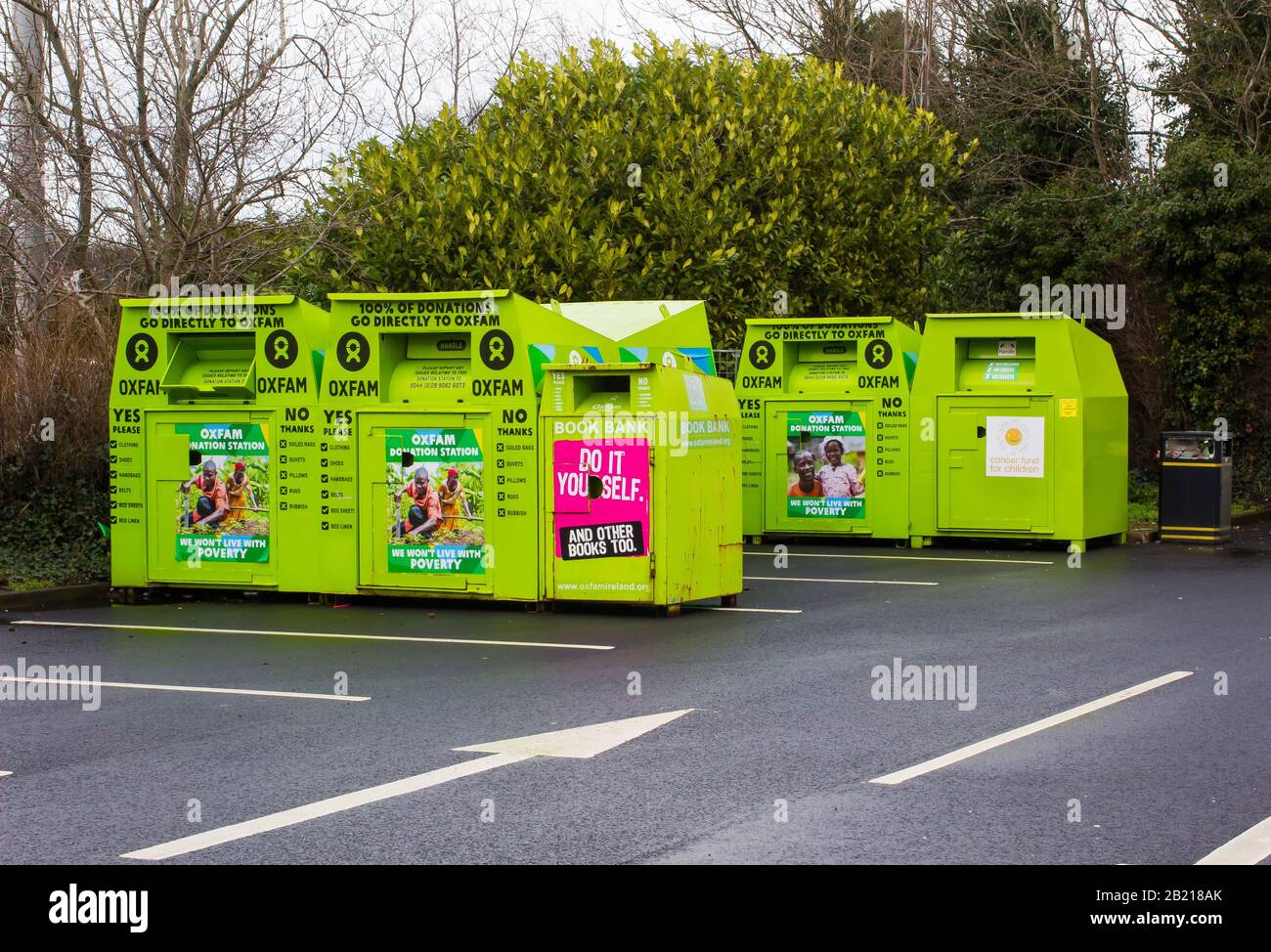 28 February 2020 Old Clothing recycling bins located in the corner of