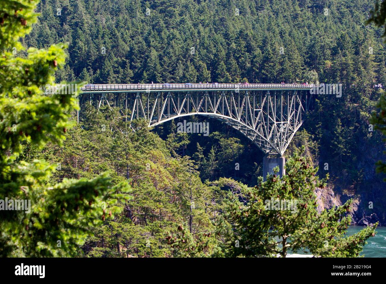 A scenic view of the Deception Pass Bridge on Washington State Route 20 connecting Whidbey Island to Fidalgo Island in the US state of Washington Stock Photo