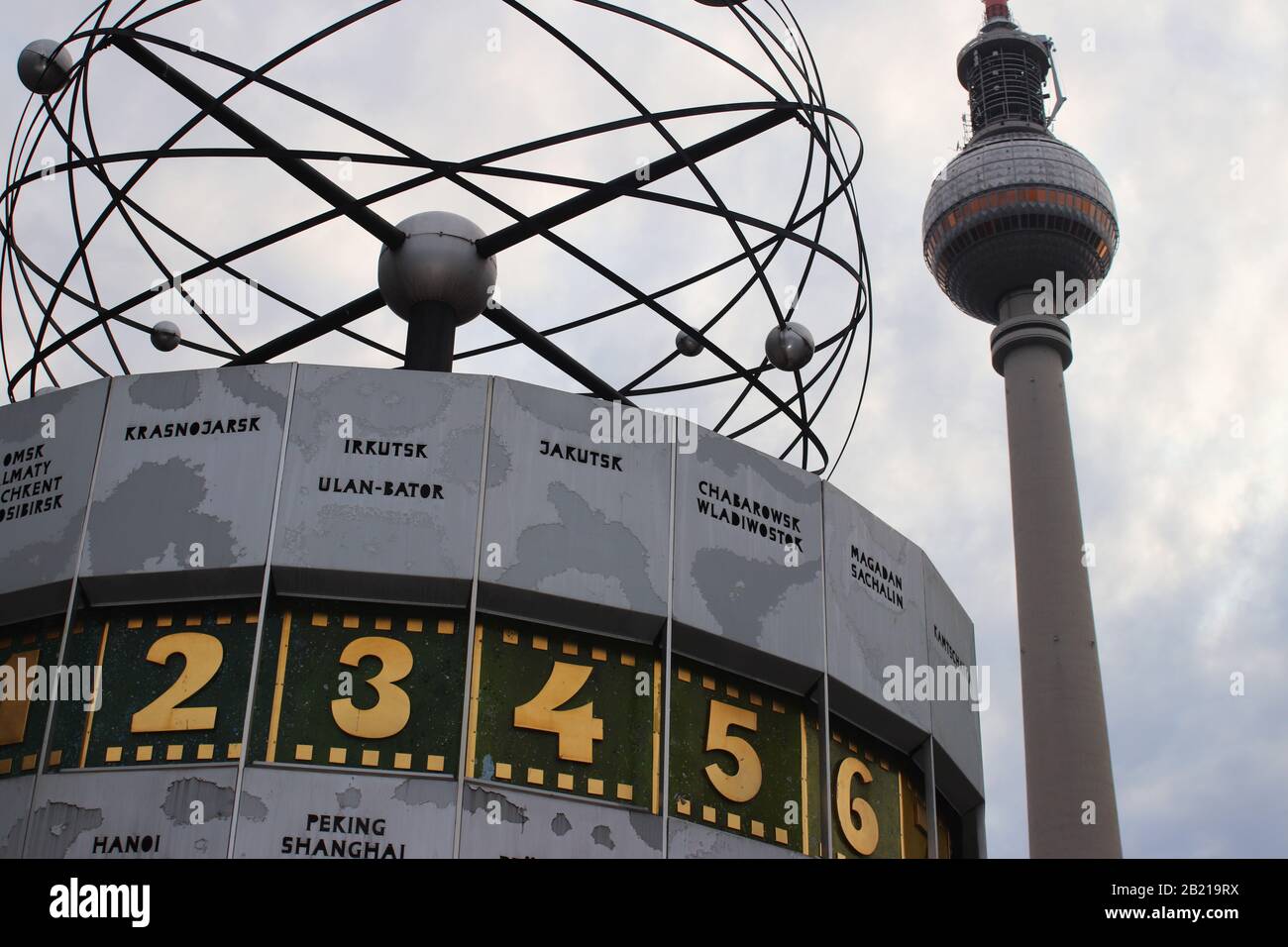 World clock and tv tower Berlin Alexanderplatz Stock Photo