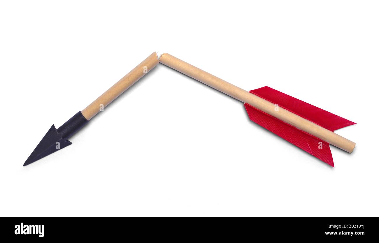 Broken Arrow with Red Feathers Isolated on White Background Stock Photo