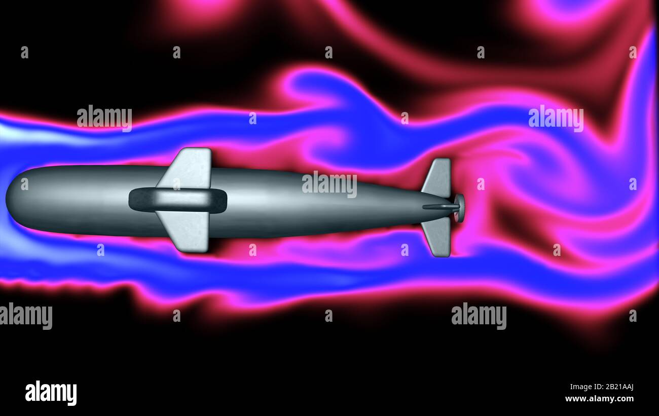 Fluid , air flow around submarine body. Hydrodynamics . 3d render simulation concept tech art Stock Photo