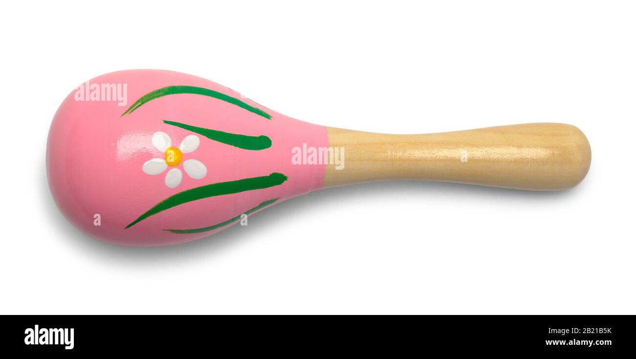 Pink Wood Maraca Top View Isolated on White. Stock Photo