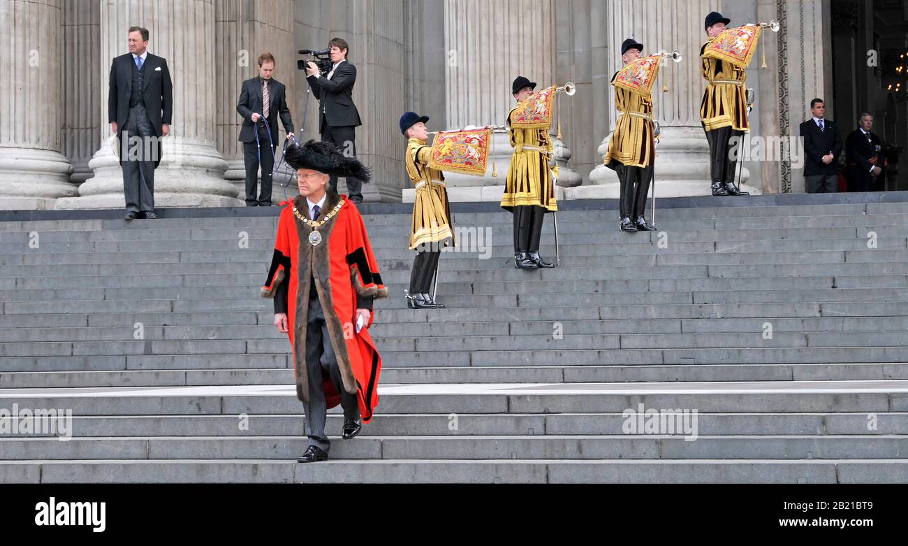 Trumpeters of The Life Guards in State Dress playing fanfare St Pauls Cathedral Lord Mayor London walks to greet Prince Phillip Duke of Edinburgh UK Stock Photo