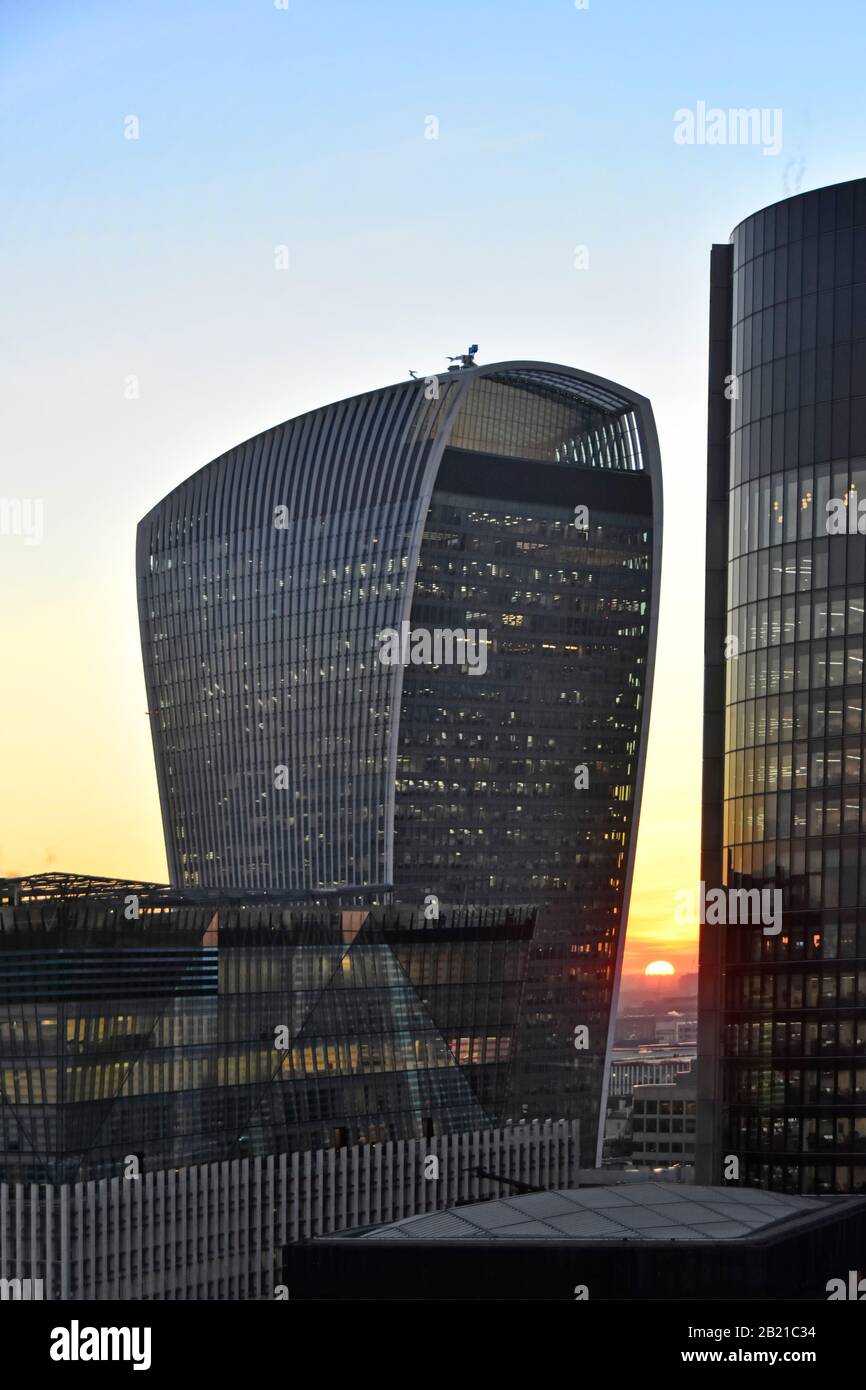 Sunset beyond City of London Walkie Talkie office landmark commercial skyscraper building at 20 Fenchurch Street awarded the Carbuncle Cup in 2015 UK Stock Photo