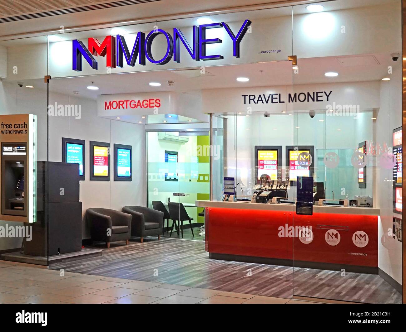 Shop front & sign for NM Money business dealing in Travel Money & Mortgages part of NoteMachine Group ATM & eurochange Intu Lakeside Essex England UK Stock Photo