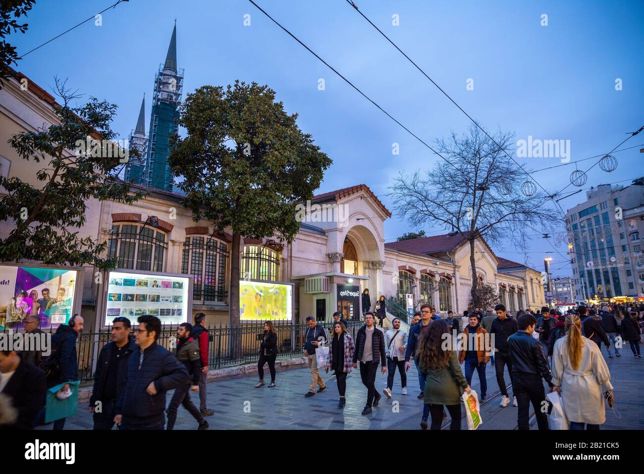 Istiklal street view of French Cultural Center and French Consulate General buildings located near Taksim square in Istanbul, Turkey. Stock Photo
